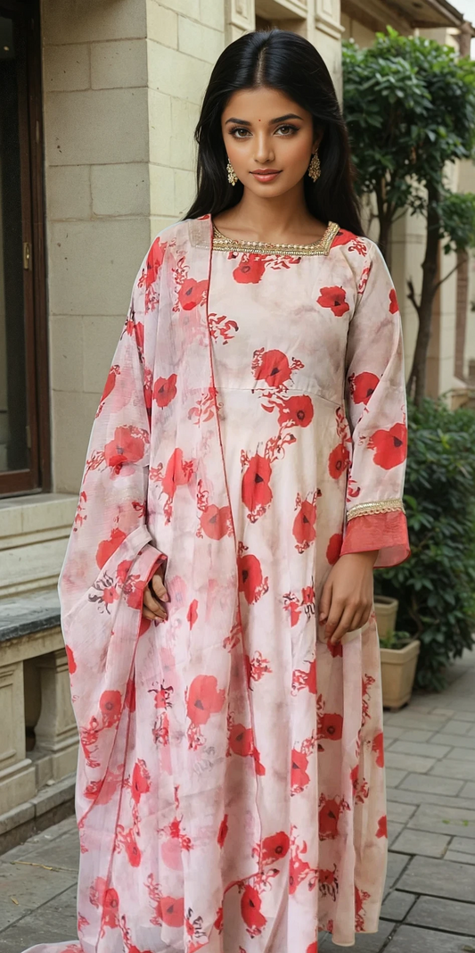 Elegant Chiffon Maxi with Floral Print, Flared Top & Crepe Trouse